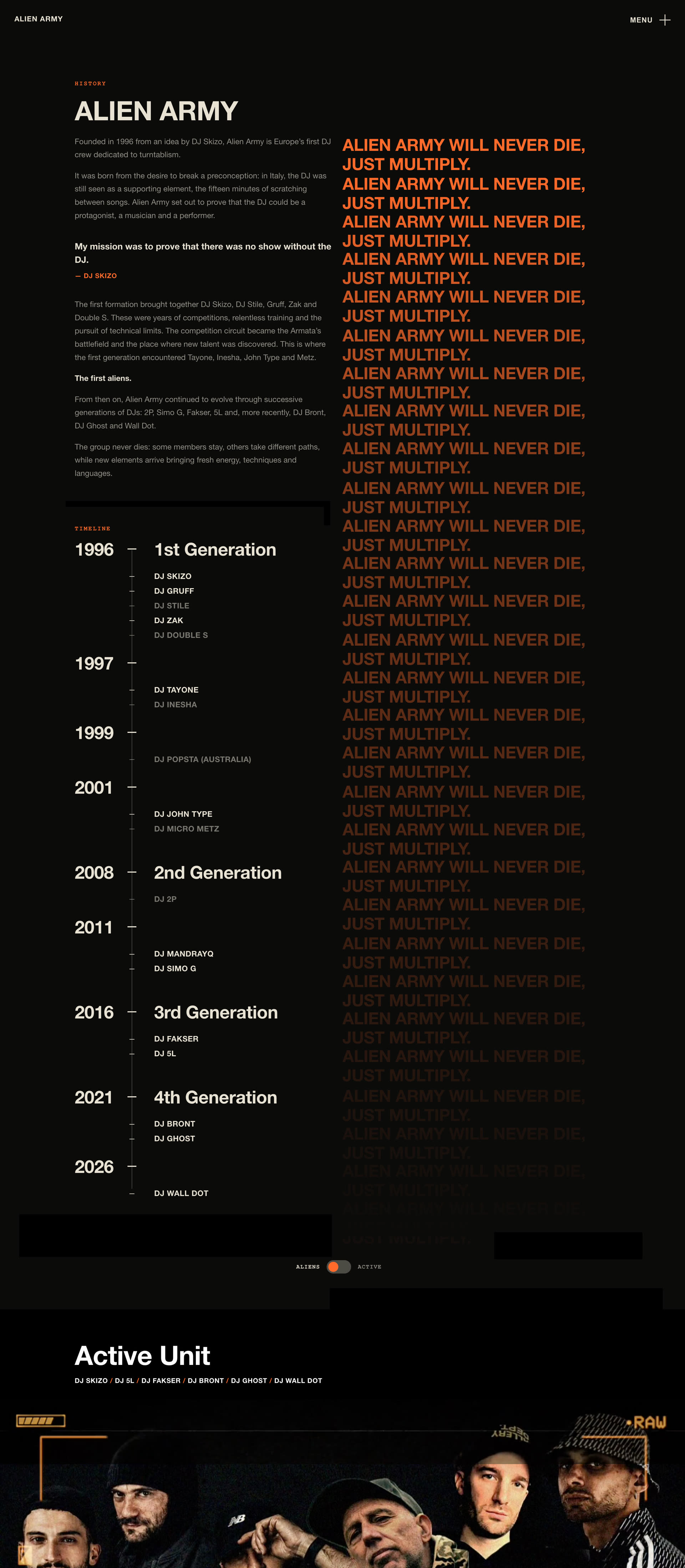 Alien Army — Official Website, pagina Crew: storia e timeline delle generazioni