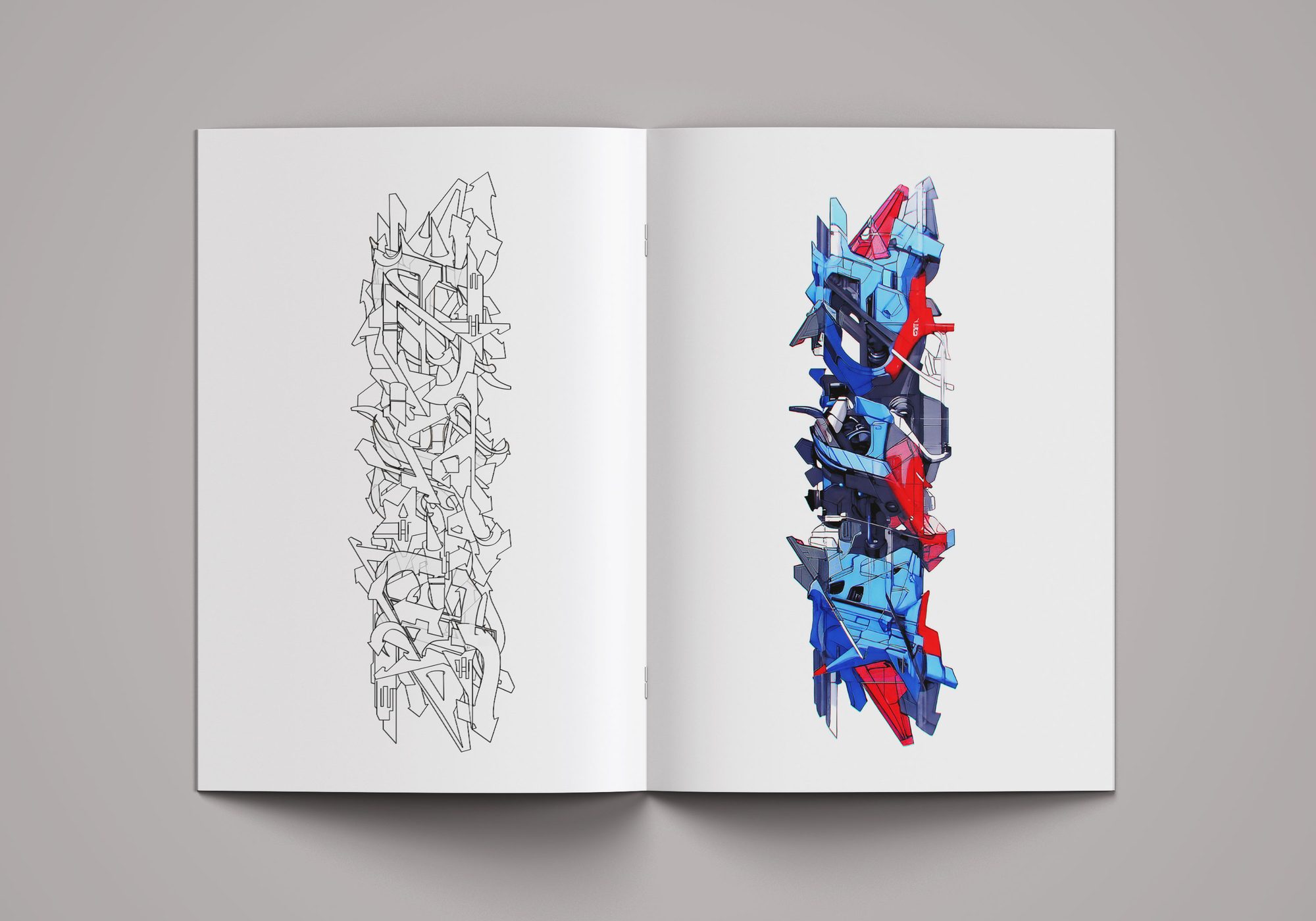 Book Hand Style — render colore, mech blu/rosso