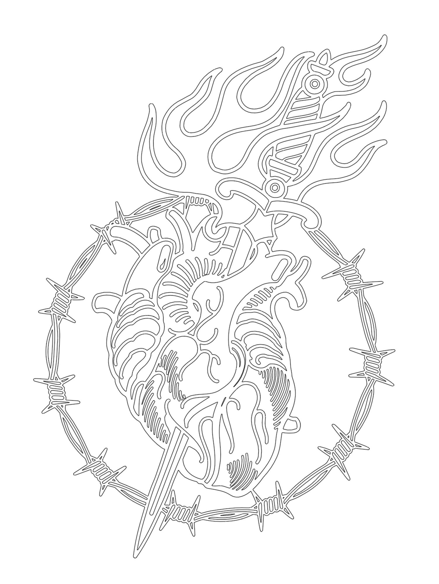 Illustrazione vettoriale — cuore, pugnale e filo spinato