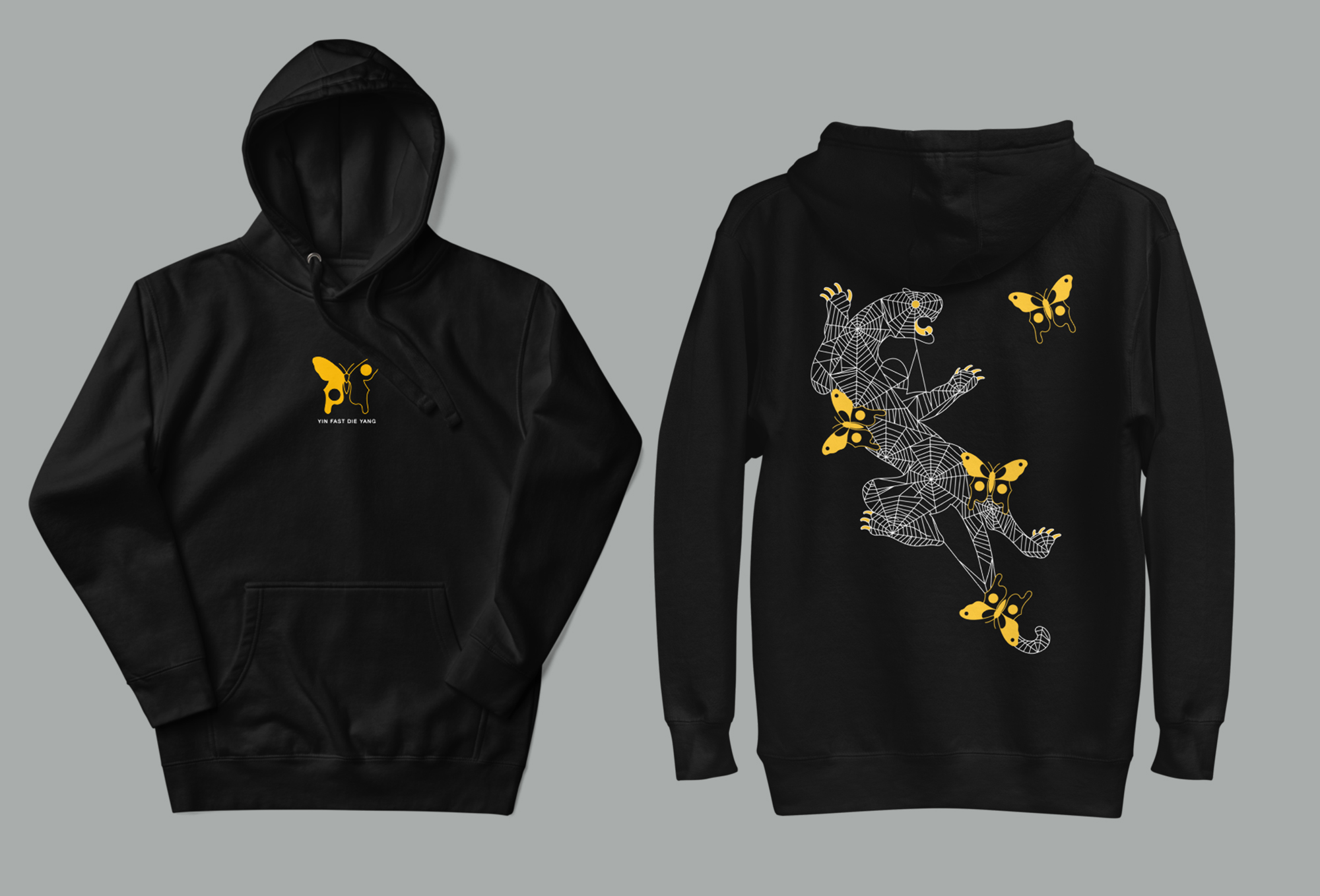 Yin Fast, Die Yang — hoodie fronte e retro, logo farfalla e pantera geometrica